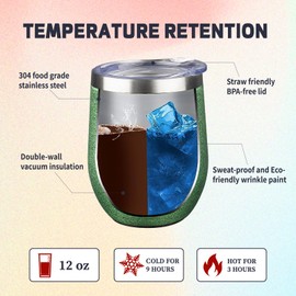 12 oz Insulated Wine Tumbler with Lid and Straw Double Wall Vacuum Insulated Wine Cup Stainless Steel Wine Tumbler Glasses for Coffee,Champaign,Cocktail,Office (Wrinkle Paint Avocado Green,1)