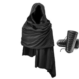 Cowl Hood Scarf Rogue Hood Medieval Cloak Renaissance Costume Men Neck Warmer Hooded Cape Hat Arm Bracers (Black with Arm Bracers)