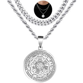 FLYUN Layered Seven Archangels Pendant Necklace For Men Protection Amulet Archangel Michael Necklace Gabriel Uriel Spiritual Stainless Steel - 18K Gold Silver Black Chain Necklace (Steel,50CM,55CM)