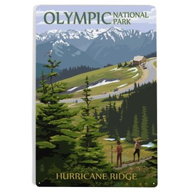 Lantern Press 12x18 Inch Metal Sign, Olympic National Park, Washington, Hurricane Ridge and Hikers