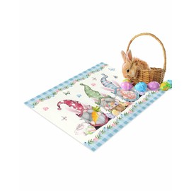 Happy Easter Bunny Gnome Door Mat, Spring Non-Slip Easter Eggs Indoor Doormat Kitchen Rugs, Blue Plaid Mats for Easter Decor, Welcome Mats for Bedroom Dining Room Entryway Floor Carpet 16 x 24inch
