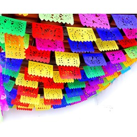MexFabricSupplies 5 Pk Papel Picado Paper Banners Mexican Party Decorations for Cinco de Mayo, Day of The Dead, Birthdays, Mexican Flags, Taco Party 60 ft