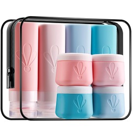 INSFIT 8 Pack Silicone Travel Bottles & Cream Jars with Toiletry Bag, 3oz Leakproof Containers & 2oz Jars with Waterproof Labels, BPA-Free Squeezable Toiletries Set for Shampoo, Lotion, Cosmetics