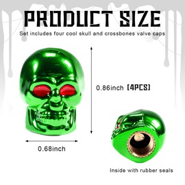 Yourkar 4 PCS Skull Style Valve Caps, Copper Red-Eyed Skull Tire Valve Protection Cover with Rubber Ring, Decorative Wheel Valve Cover for Car Motorcycle Bicycle, Car Accessories (Green)