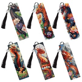 INCOK Dragon Diamond Art Painting Bookmarks - 6 Pcs DIY Diamond Painting Bookmarks Kits with Tassel Gem Art Craft Supplies with Flower Pattern Birthday Holiday Gift for Adults Beginners Book Lover