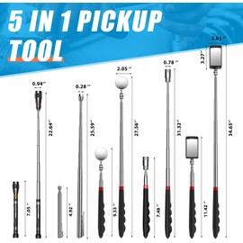 5 PCS Magnetic Pickup Tool Set, 1lb & 15lb Pick Up Rod, Magnetic Flashlight Pickup Tool, Round and Square 360 Swivel Adjustable Inspection Mirror, Christmas Stocking Stuffers for Dad, Men, Husband