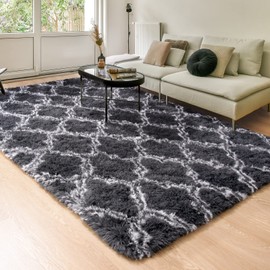 Unirea Shag Area Rug Modern Indoor Plush Fluffy Rugs, Super Soft and Fuzzy Carpet, Geometric Rugs for Bedroom Living Room Girls Kids Nursery, 4x6 Feet Dark Grey/White