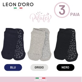 LEON D'ORO Pilates Women's Socks Non-Slip 3 Pairs Yoga Fitness Dance Made in Italy, 3 pairs of black