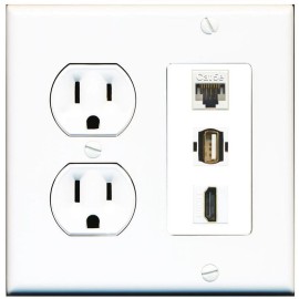 Wallplate City 15 Amp Round Power Outlet 1 Port HD 1 USB A-A 1 Cat5E Ethernet Wall Plate