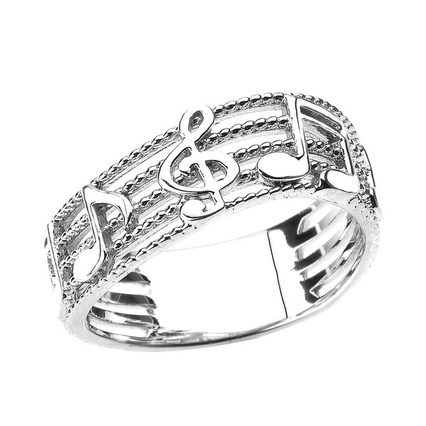 Treble Clef with Musical Notes in Sterling Silver Wavy Band