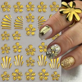 3Pcs 5D Embossed Flower Nail Art Stickers Decals 5D Embossed Floral Nail Stickers Self-Adhesive Hibiscus Nail Decals Metallic Gold Five Petal Flower Nail Design Nail Decor Pegatinas Uñas for Women