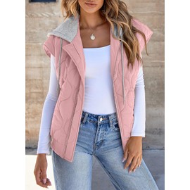 EVALESS Women's Puffer Vest Cropped Hooded Zip Up Sleeveless Quilted Jacket 2025 Fall Fashion Lightweight Warm Outdoor Casual Vests Outerwear Coat with Pockets Pink X-Large
