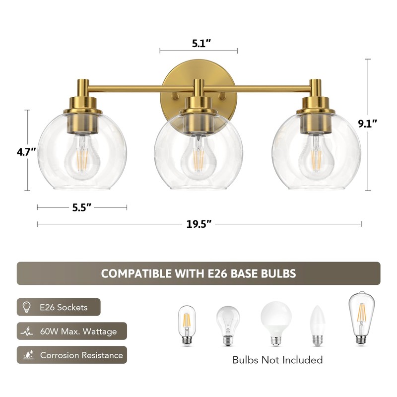 VONLUCE Bathroom Light Fixtures, 3-Light Bathroom Vanity Light with Globe