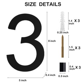 JILANLO 8" Large Floating House Numbers,Balck Acrylic Anti-Rust House Numbers,Modern House Address Street Numbers Garden Door Mailbox Decor Number with Matching Screw,Number 3