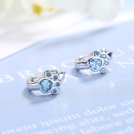 Sterling Silver Hoop Earrings for Women, Hypoallergenic Cat Paw Print Earrings with Blue Zirconia for Girls, Lightweight Mini Huggie Cartilage Earrings 10mm