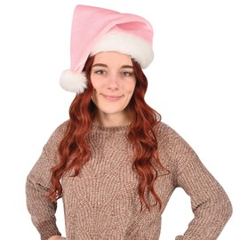 Beistle Unisex Plush Light Pink Santa Hat with White Trim – Christmas Themed Cap, Dress-Up Costume Accessory, Winter Party Supplies, Kris Kringle Holiday Headwear, Seasonal Festival