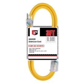 EP - Cable de extensión iluminado de 3 pies - Cable de extensión amarillo de 12/3 SJTW resistente con enchufe de 3 clavijas - Cable de alimentación de 15 amperios para césped, jardín,
