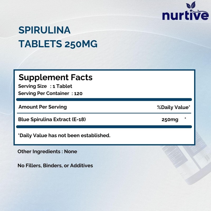 NURTIVE Blue Spirulina Tablets - 250mg per Serving, Phycocyanin Superfood