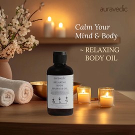 Auravedic Relaxing Body Massage Oil | Infused with Lavender, Eucalyptus & Mint | Non Greasy Body Oil for Massage Therapy, Aromatherapy, Sore Muscles & Date Night | 6.76 Fl Oz (200ml)