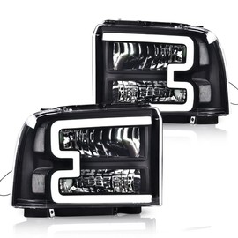 CNNELL LED DRL Bar Headlights Assembly Compatible with 2005 2006 2007 Ford F250 F350 F450 F550 SuperDuty Headlamp(Clear lens Black Housing Clear Reflector)