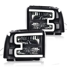 CNNELL LED DRL Bar Headlights Assembly Compatible with 2005 2006 2007 Ford F250 F350 F450 F550 SuperDuty Headlamp(Clear lens Black Housing Clear Reflector)
