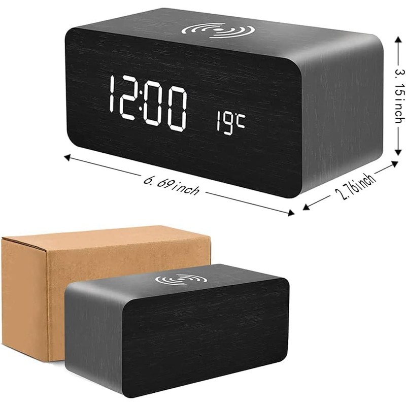 Wooden Digital Alarm Clock with Wireless Charging, 3 Alarms LED
