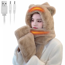 USB Heated 3 in 1 Furry Hoodie Hat Scarf and Gloves Cute Ear Plush  Gloves Scarf Set Winter Warm Cartoon Plush Hat for Women Girls