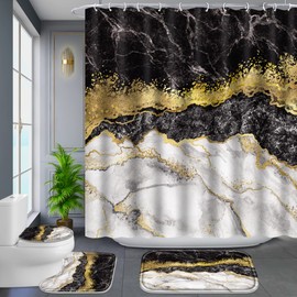 Poedist 4 Pcs Black and Gold Edge Marble Bathroom Shower Curtain Set, Bathroom Sets with Shower Curtain and Rugs(Bath Mat,U Shape and Toilet Lid Cover Mat) and 12 Hooks-Black