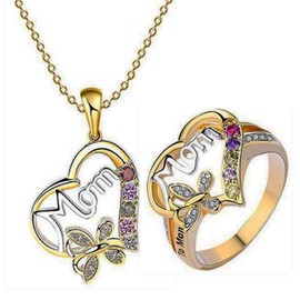 Stocking Stuffers Holiday Outfits for Women 2024 Mother Necklace Ring Set To My Mom Necklace Birthstone Ring for Mother Butterfly Pendant Necklace Heart Necklace Rhinestone Necklace Gifts for Mother from Daughter Christmas Gifts 6
