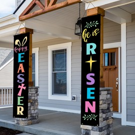 Happy Easter He Is Risen Porch Sign Banner - Easter Party Hanging Banners Decorations for Home, Indoor & Outdoor Front Door Decor with Easter Bunny, Eggs, & Jesus Christ Cross (Happy Easter He is Risen)