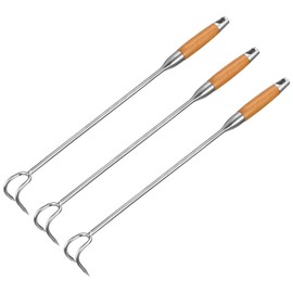 uxcell Food Flipper Hooks - 19 Inch Stainless Steel Meat Hooks Roasting Stick Hook with Wooden Handle Flip Meat Steak Chicken Beef or Fish, 3Pcs