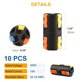 Brightfour Lever Wire Connectors 3 Port, Cylindrical 3 Wire Automotive Electrical Connectors for AWG 16-20, Reusable Electric Connectors for Wiring, Black 10 PCS