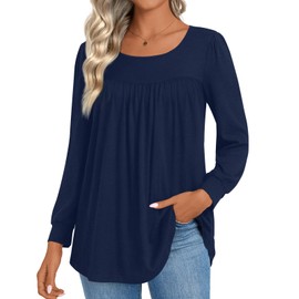 Addtoo Womens 2024 Casual Tunic Tops Fall Long Sleeve Blouse Warm Pleated Flowy Crewneck Tshirt Medium Navy Blue