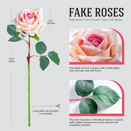 Ttranewsoo Fake Roses Faux Flowers Silk Roses Artificial Roses with Stems Realistic Artificial Flowers 16.5In Suitable for Indoor Home Decoration DIY Bouquet Wedding Decor Party Decor (12PCS, Pink)