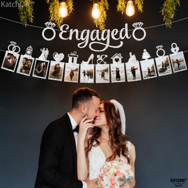 KatchOn, Silver Glitter Engaged Photo Banner - 2 String, 10 Feet, No DIY | Congrats On Engagement Banner for Bachelorette Party Decorations, Wedding Décor | Silver Engagement Party Decorations