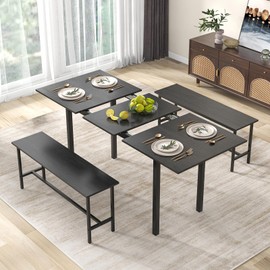 Giantex Dining Room Table Set for 4-6, 63” Extendable 3-Piece Dining Table Set with 2 Benches, Metal Frame, Dinette Table Set for Breakfast Nook, Kitchen Table Chairs (Black)