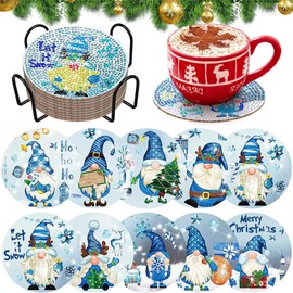 10Pcs Christmas Acrylic Diamond Painting Coasters Set Gnome And Blue Christmas Designs Coasters For Crafters Diy Enthusiasts Art Lovers Holiday Decorators Families Children Adults (Old Man Gnome)