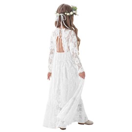 ALLOVIN Long Sleeve Boho Lace Flower Girl Dress, A-Line Ruffle Wedding Baptism Party Dress for Girls 3-12 Years | White | 8-9Y