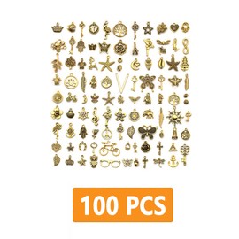FAIRYGATE Wholesale Gold Charms 100 Pieces Antique Pendants Bulk Lots Mixed Alloy Charm for Necklace Bracelet Earring Making Crafts A6714