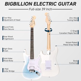 BIGBILLION Electric Guitar Beginner Kit 39 Inch Solid Body Full Size HSS All Electric Guitar for Starter, with Amplifier, Bag, Capo, Strap,Cable, Picks, (39" Right Handed, lake ice blue)