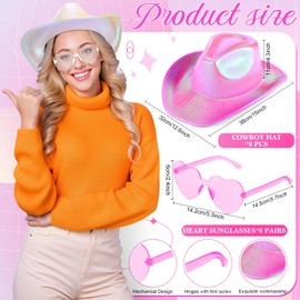 Haysandy 12 Pcs Holographic Space Cowgirl Hat with Rimless Sunglasses Neon Sparkly Cowboy Hat and Heart Sunglasses for Women(Pink Gradient,Classic)