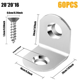 NAHUAA Pack of 60 Stainless Steel Angle Brackets 20 x 20 mm Silver Metal Angle 90 Degree Furniture Angle L Shape Corner Angle Brackets for Bookshelf Table Chair with 120 Screws