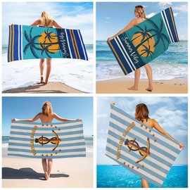 Extra Large Cute Blue Stripe Beach Towels Set of 2 Pack for Adult, Big Oversized Thick Microfiber Terry Cloth Two Person Sandproof Quick Dry 30 x 60