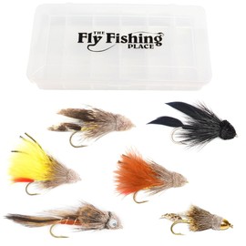 The Fly Fishing Place Muddler Minnow and Sculpin Streamer Flies - Set of 6 Bass and Trout Fly Fishing Flies - Hook Sizes 2. 4 and 6 with Fly Box