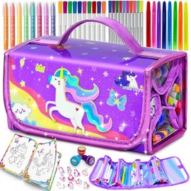 56 PIEZAS Juego de Marcadores Lavables con Aroma y Purpurina Estuche de Lápices, Artes y Manualidades de Sirenas y Unicornios para niños de 4-6-8 años Kits de Dibujo y Colorear para niñas de 4-8 años