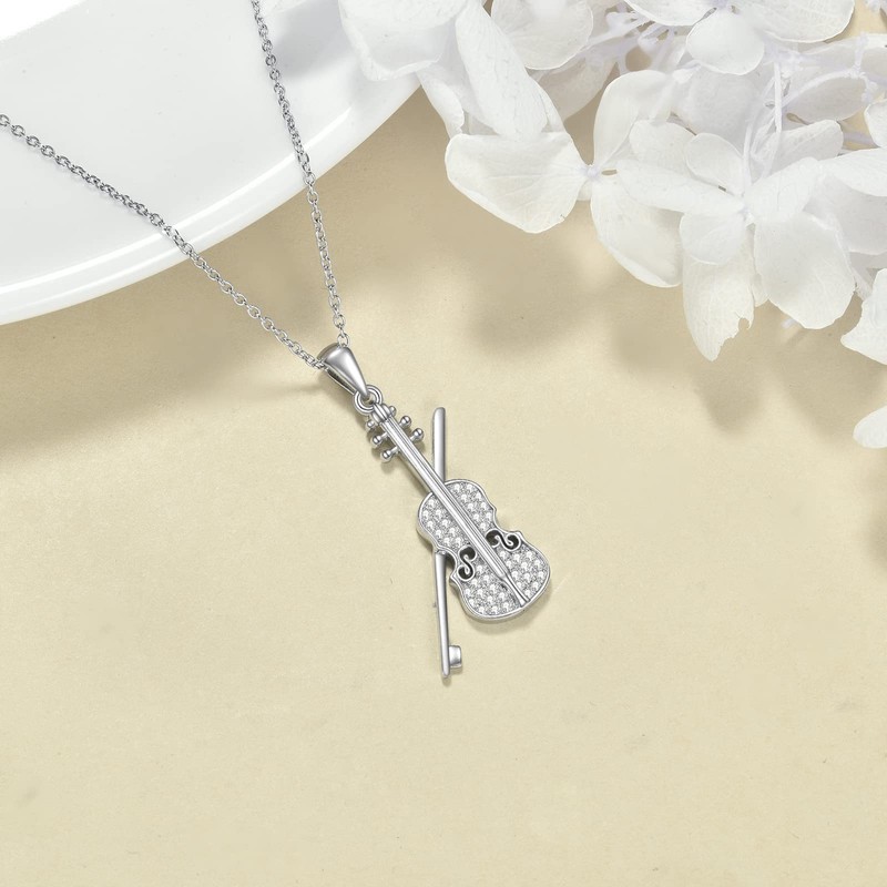 YAFEINI Violin Necklace 925 Sterling Silver Cubic Zirconia Violin and