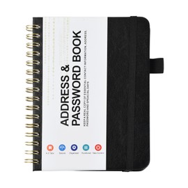 A6 Address Book with Index A-Z, A6 Spiral Address Book with Inner Pocket, 64 Sheets/128 Pages 14.5 x 12 cm Password Book with Tabs, Address Organiser, Phone Notebook for Website Logins (Black)