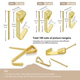 Hoeine 200 Pieces Picture Hangers, 3 Sizes Picture Hanging Kit Including 10lb/30lb/50lb Picture Hanging Hooks, Heavy Duty Picture Hooks with Nails for Drywall Wooden Wall (Gold)