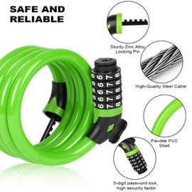 Ainiv Bike Lock, High Security 5-Digit Combination Coiling Cable Lock, 1.2mx12mm, Heavy Duty Bike Lock with Mounting Bracket, for Bike, Motorbike, Scooter, Gate, Fence, Green