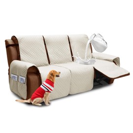 XINEAGE Water Resistant Recliner Cover, 3 seat Recliner Sofa Covers with Pockets, Quilted Thick Recliner Protector Cover for Dog Pets with Non Slip Backing and Strap (Recliner Sofa, Beige)